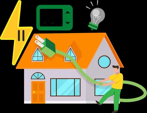 Energy saving tips - House, thermostat, and lightbulb illustration